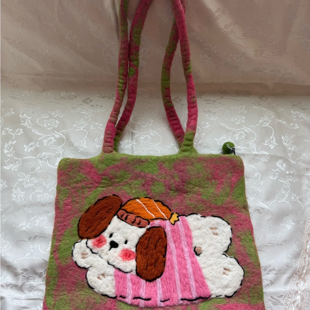 Handmade wool felt Playful Pink and Green Dog Tote